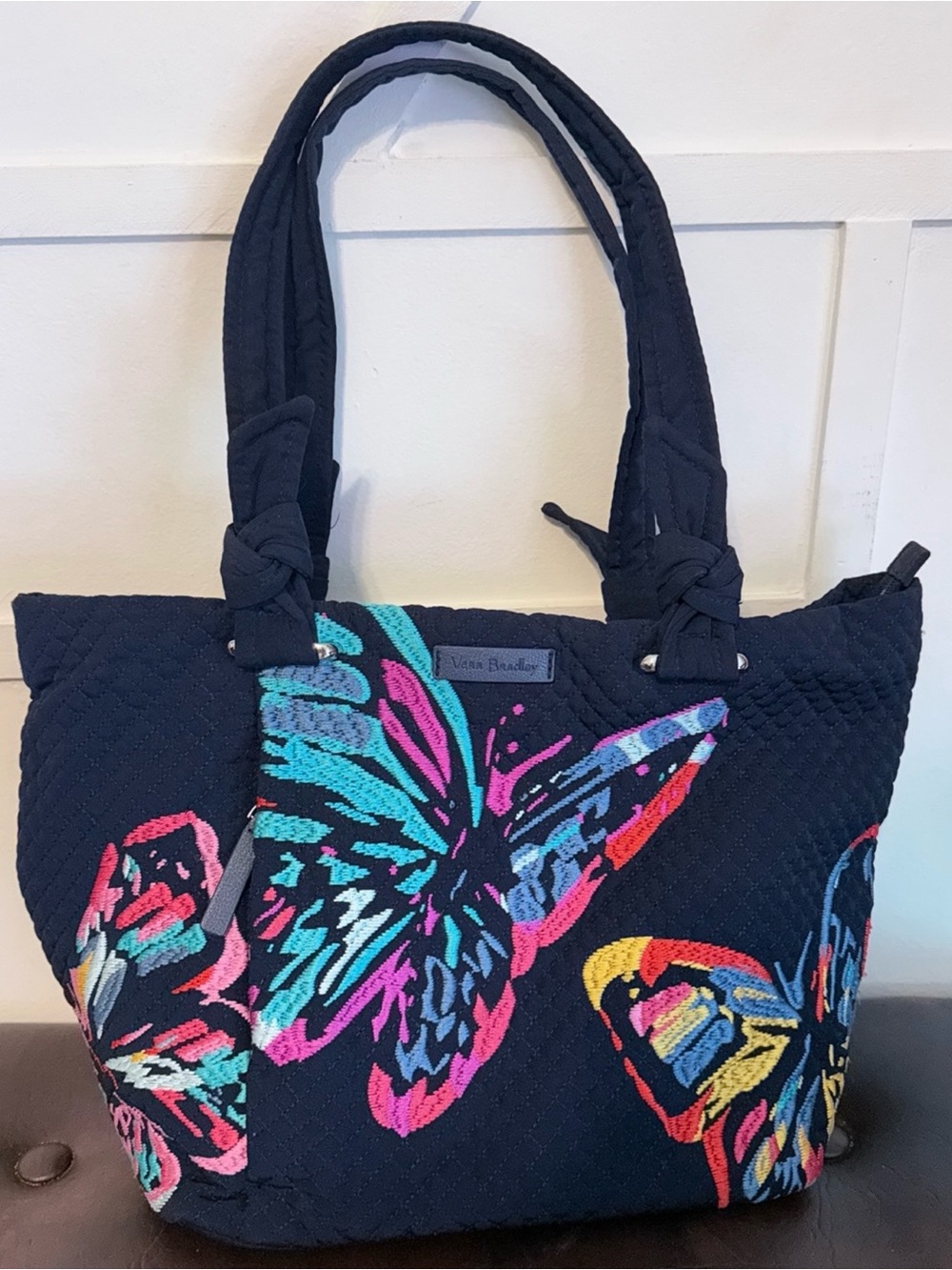 Vera Bradley Navy Quilted Tote with Bright Multicolor Butterflies